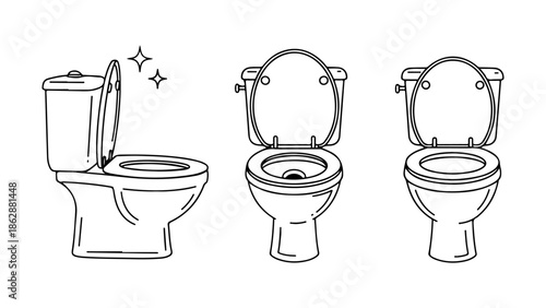 Three illustrated toilet bowls, two with open lids and one with a closed lid, showcasing a clean and hygienic bathroom fixture for daily use