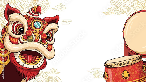 Vibrant illustration of a traditional lion dance performance with drum accompaniment,copy space