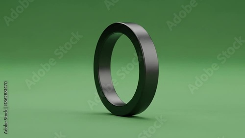 A sleek black ring stands isolated on a vibrant green background, showcasing its minimalist design and smooth finish.