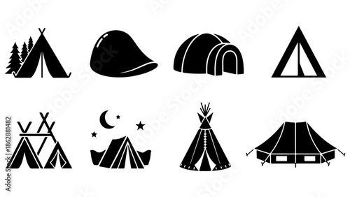 Collection of diverse tent icons, showcasing camping and outdoor shelter designs for various adventures