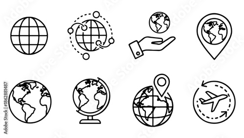 Collection of Globe Icons Representing Travel, Connection, and Navigation with Flight Paths and Location Markers