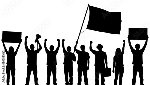 Silhouette of a diverse group of people raising their fists and holding signs and a flag in protest and demonstration