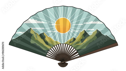 Traditional Asian Fan with Mountain and Sun Landscape