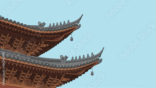 Intricate Traditional Asian Temple Roof with Decorative Bells Under a Clear Sky