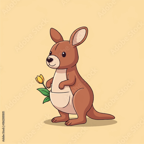 Cute cartoon kangaroo holding a small yellow flower in its paws.
