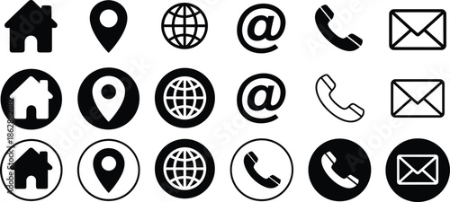 Minimalist black and blue line icons set for business teamwork, featuring home navigation, contact symbols, leadership avatars, and professional interface design