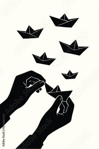 Origami paper boat vector illustration with bird and star design elements