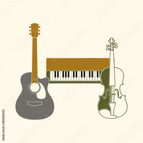 Music Ensemble Acoustic Guitar, Electronic Keyboard, and Fiddle Illustration