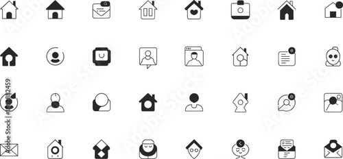 Minimalist black and white web icons set, featuring home, email, notifications, and navigation symbols for modern UI design projects.