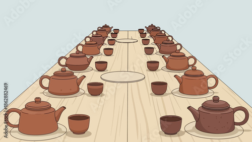 Symmetrical Display of Traditional Teapots and Teacups on a Long Wooden Table Ready for a Tea Ceremony