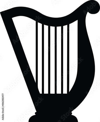 A simple black and white illustration of a classic musical harp instrument