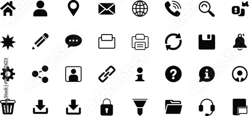 Set of minimalist black web icons including home, user, location, mail, globe, phone, search, settings, share, and download for UI design.