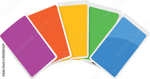 A fan shaped display of colorful cards in shades of purple orange