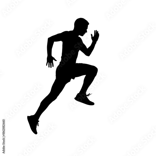 Silhouette of a man running fast against a white background.