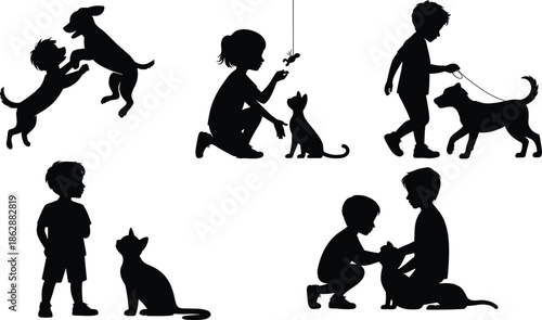 Children playing with pets silhouette collection showing kids interacting with dogs and cats, childhood moments, black and white vector illustration