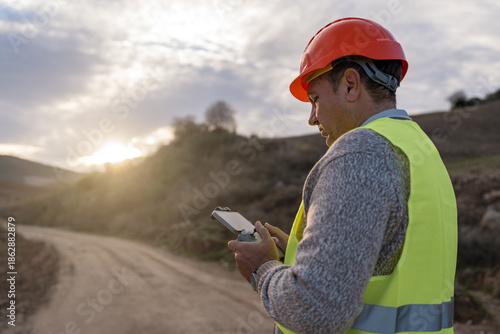 Engineer operating a drone controller for inspection and monitoring renewable energy infrastructure