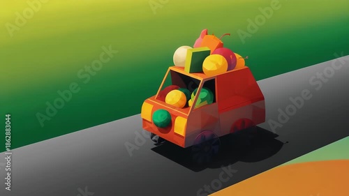 A whimsical, cartoon-style vehicle transporting fruit on a green and gray gradient