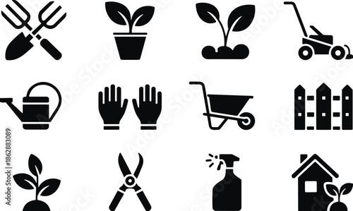 Gardening icons set illustration with tools, plants, watering equipment, eco friendly garden care symbols, black and white vector design collection