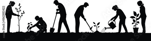 Gardening process silhouette illustration showing people planting, digging, watering plants, eco friendly teamwork, growth stages, black and white vector design