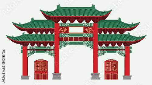 Traditional Chinese Gate Illustration with Red Pillars and Green Roofs