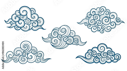 Set of Traditional Asian Ornamental Cloud Illustrations Vector