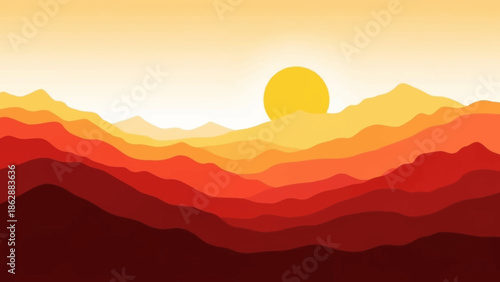 Stylized Mountain Sunset Landscape with Warm Gradient Hues