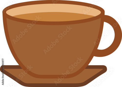 A simple illustration of a brown cup of coffee with a saucer