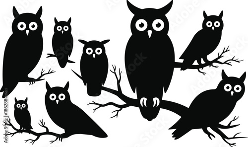Owl silhouette collection illustration with perched birds on branches, nocturnal wildlife set, black and white vector art design graphic elements