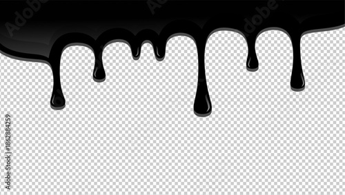 Oil drip on transparent background. Wavy black ink drip illustration. Abstract black oil drip flat design.  Black paint dripping illustration.