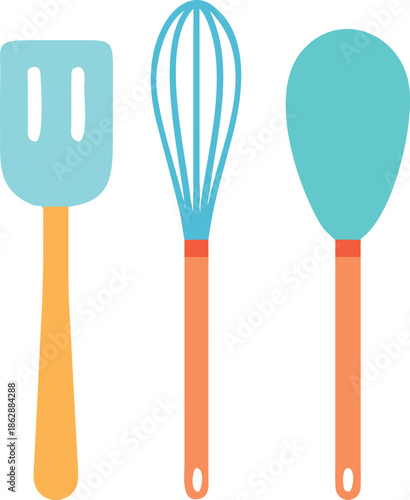 A flat lay of kitchen utensils including a spatula whisk and turner