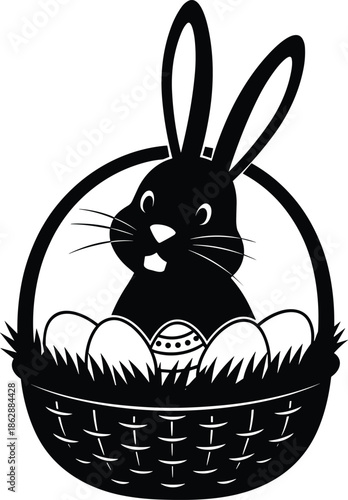 Easter bunny in basket isolated on white background, Vector, illustration