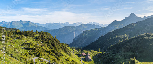 Panoramic alpine view from near Freiburger Hütte and Formarinsee looking south over the Klostertal valley toward the Montafon region, surrounded by rugged peaks of the Austrian Alps.