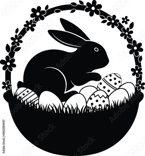 Easter bunny in a basket with eggs isolated on white background, Vector, illustration