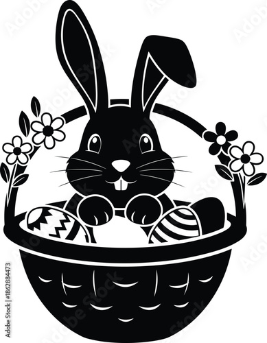 Easter bunny in basket with eggs isolated on white background, Vector, illustration