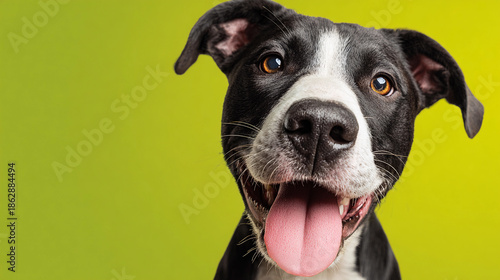 Happy black and white dog shows tongue against green background