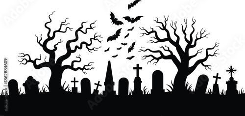 Spooky Halloween graveyard silhouette with haunted trees, flying bats, tombstones, eerie cemetery landscape, dark gothic horror background illustration