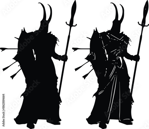 Tribal shaman warrior silhouette illustration holding staff and spear, ancient ritual character, mystical fantasy figure, black and white vector art