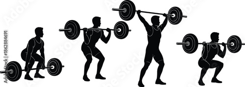Weightlifting exercise silhouette sequence showing barbell clean and jerk technique, strength training workout, fitness athlete vector illustration, black white design