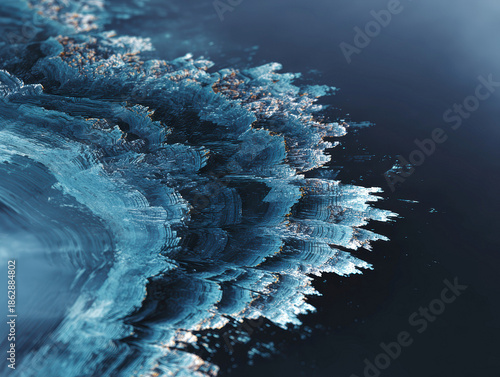 A coherent image from a neural network, resembling an underwater icy landscape with turquoise pulsing nodes and glitches The ice is rich blue, crystalline, jagged, textured, and vast, - AI-Generated