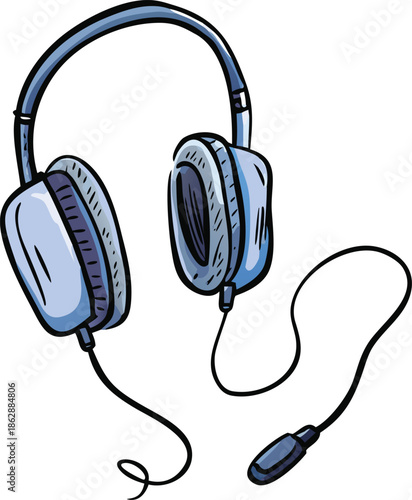 A detailed sketch illustration of blue over ear headphones with a connected