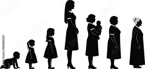 Woman life stages, age progression, baby to elderly, female silhouette, aging concept, timeline icons, human growth, flat vector illustration