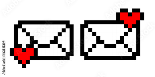 Digital pixel love letter envelope with red heart in vintage videogame style designed for valentines day game interface vector art romantic background and nostalgic 90s graphic mood