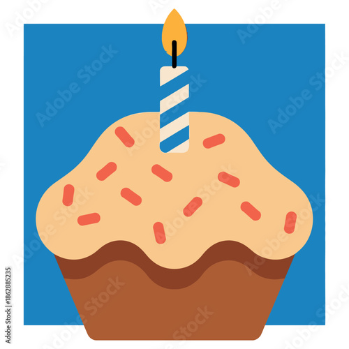 Single birthday cupcake with lit candle sits against a bold blue square background.