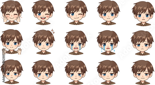 Boy face emotions, cartoon expressions, happy, sad, angry, surprised, confused, crying, cheerful, cute child, character design, flat vector illustration