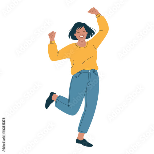 A woman jumps for joy, celebrating a moment of happiness.