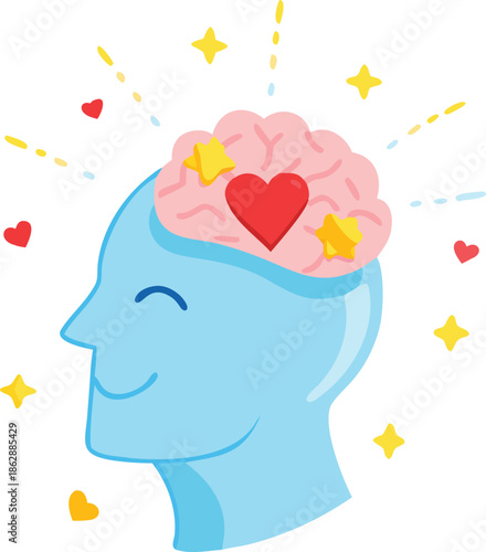 A blue human head silhouette with a brain showing love and joy