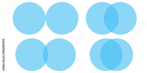 Blue four circle venn diagram forming balanced round intersection vector infographic for data chart model business relationship geometric element clean flat design info graphic set