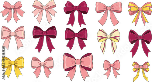 Colorful collection of diverse decorative ribbon bows in shades of pink red and yellow for gift wrapping celebrations and festive greeting card designs.