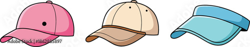 Colorful collection of summer headwear featuring pink and beige baseball caps and a blue sun visor isolated on a white background.