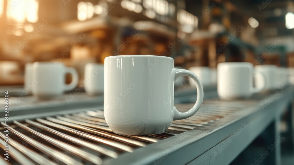 Fototapeta premium This image features a sleek white mug standing prominently on a production line, embodying minimalist design and reflecting a sense of modern industrial efficiency and style.